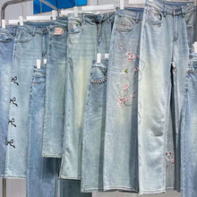 24夏贝影牛仔裤国风浅色高腰窄版直筒刺绣阔腿裤女装尾单清货服装
