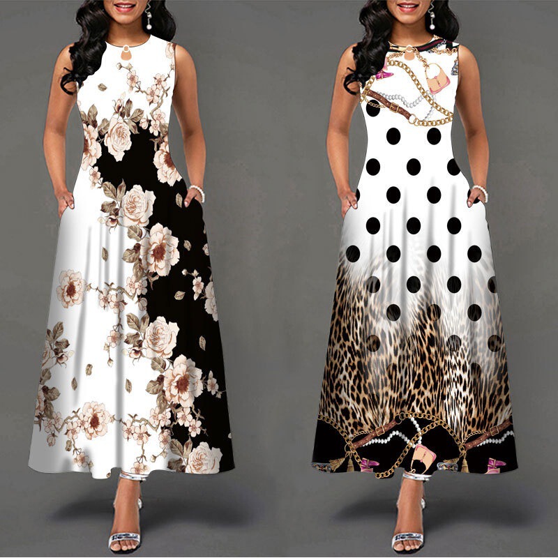 2024 Amazon European and American Sleeveless Women's Positioning Print Flared Skirt Bohemian Retro Long Skirt European and American Style