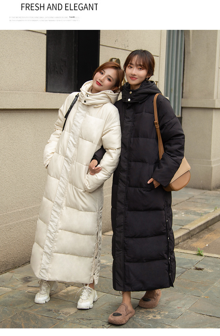 Long over-the-knee hooded Warm jacket jacket women's winter coat thickened warm over-the-knee solid color casual slim-fit cotton-padded jacket fashion_voghion.com