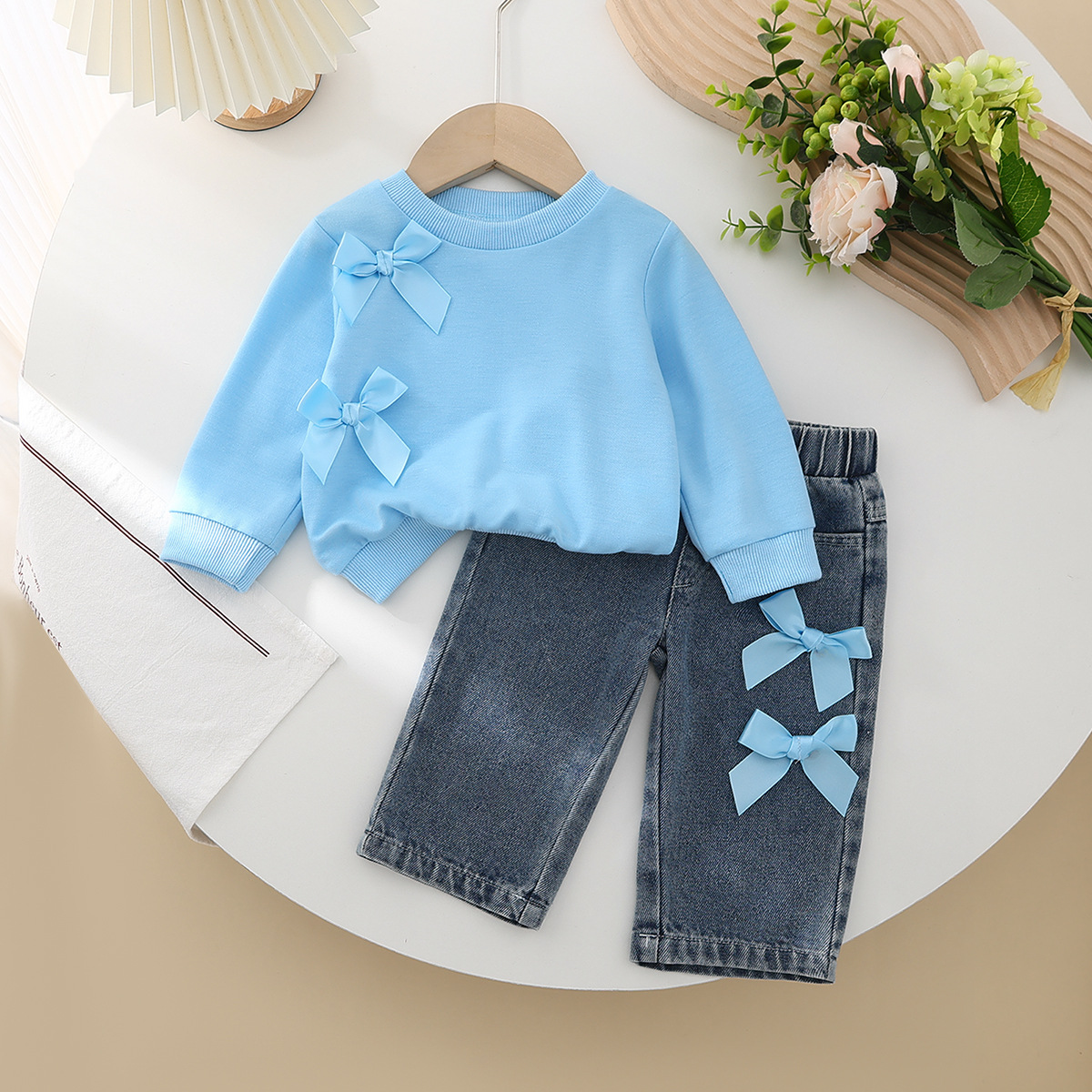 跨境新款童装女童秋冬季纯色长袖卫衣装饰蝴蝶结牛仔长裤两件套