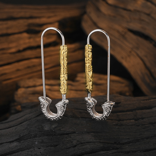 S925 Sterling Silver Tang Grass Pattern Gold and Silver Contrast Color Pin Earrings for Women Personalized Design Versatile Earrings Earrings Studs Ear Accessories