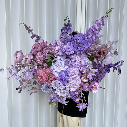 Purple simulated flowers wedding hall ceiling decoration signage, row decoration, rose, butterfly orchid, simulated flowers, artificial flowers