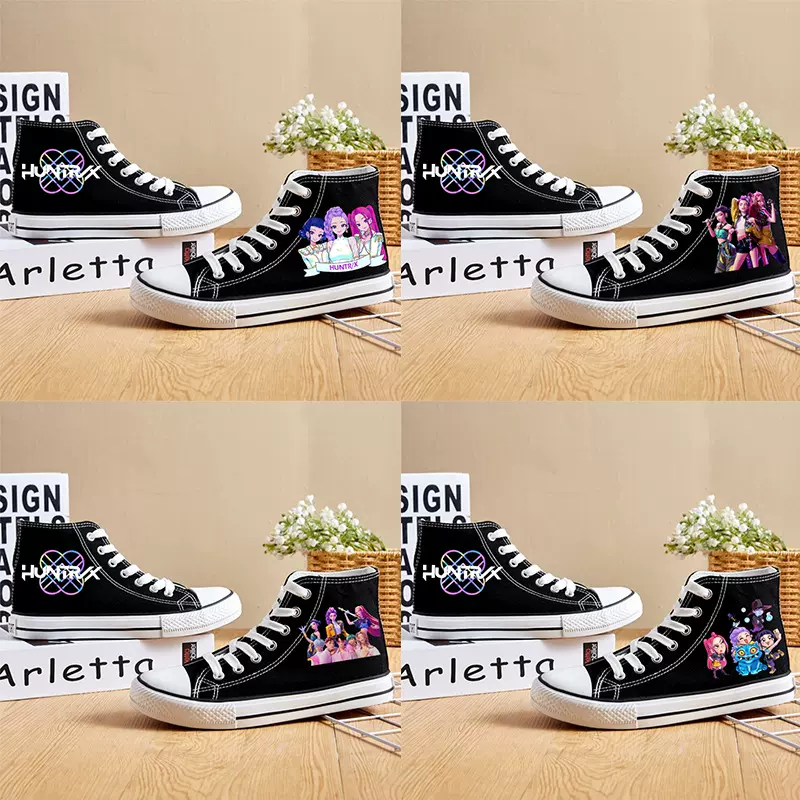 2025跨境人气主题kpop猎魔女团印花帆布鞋青少年儿帆布鞋男女款