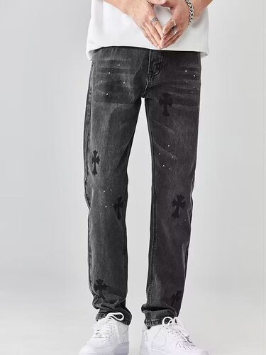 Summer thin denim jeans for men, light blue cross straight leg loose streetwear casual high-street punk cool pants