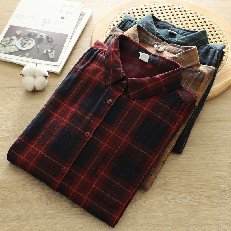 2024 Autumn New Double-layer Cotton Yarn Long-sleeved Shirt Women's Loose All-match Artistic Pure Cotton Soft Plaid Shirt 2024 Autumn New Double-layer Cotton Yarn Long-sleeved Shirt Women's Loose All-match Artistic Pure Cotton Soft Plaid Shirt
