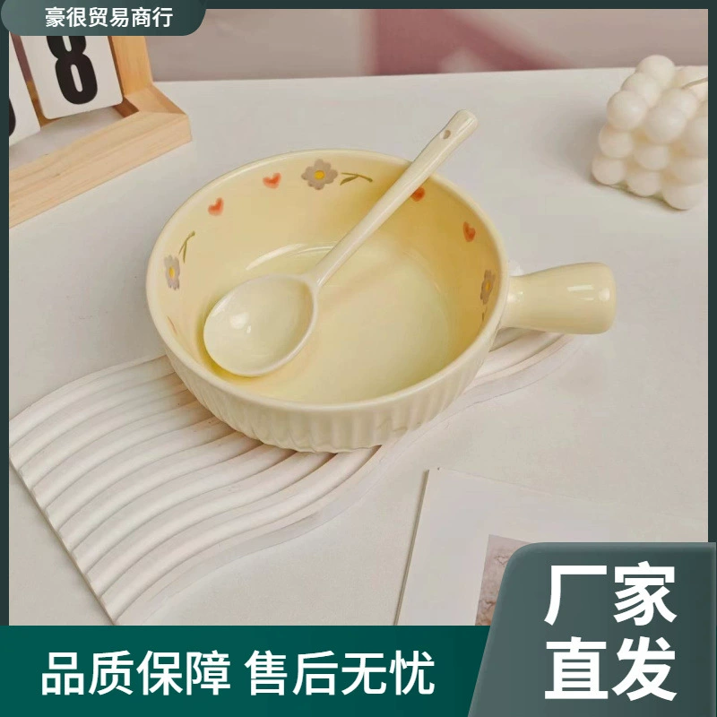Handle, pen, ceramic tableware, cream cute soup bowl, anti-scald