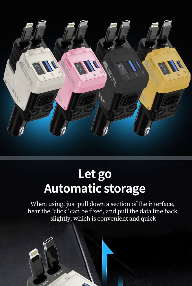 Mecha Car Charger 120W Super Fast Charging Car Mobile Phone Charger with Built-In Retractable Cable and Digital Display Car Charger