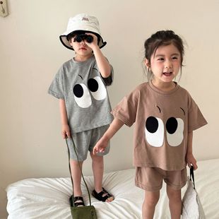 Children's Summer Sports Suit Pure Cotton Boys Loose Summer Clothes New Style Girls Big Eyes Short-Sleeved Baby Two-Piece Set
