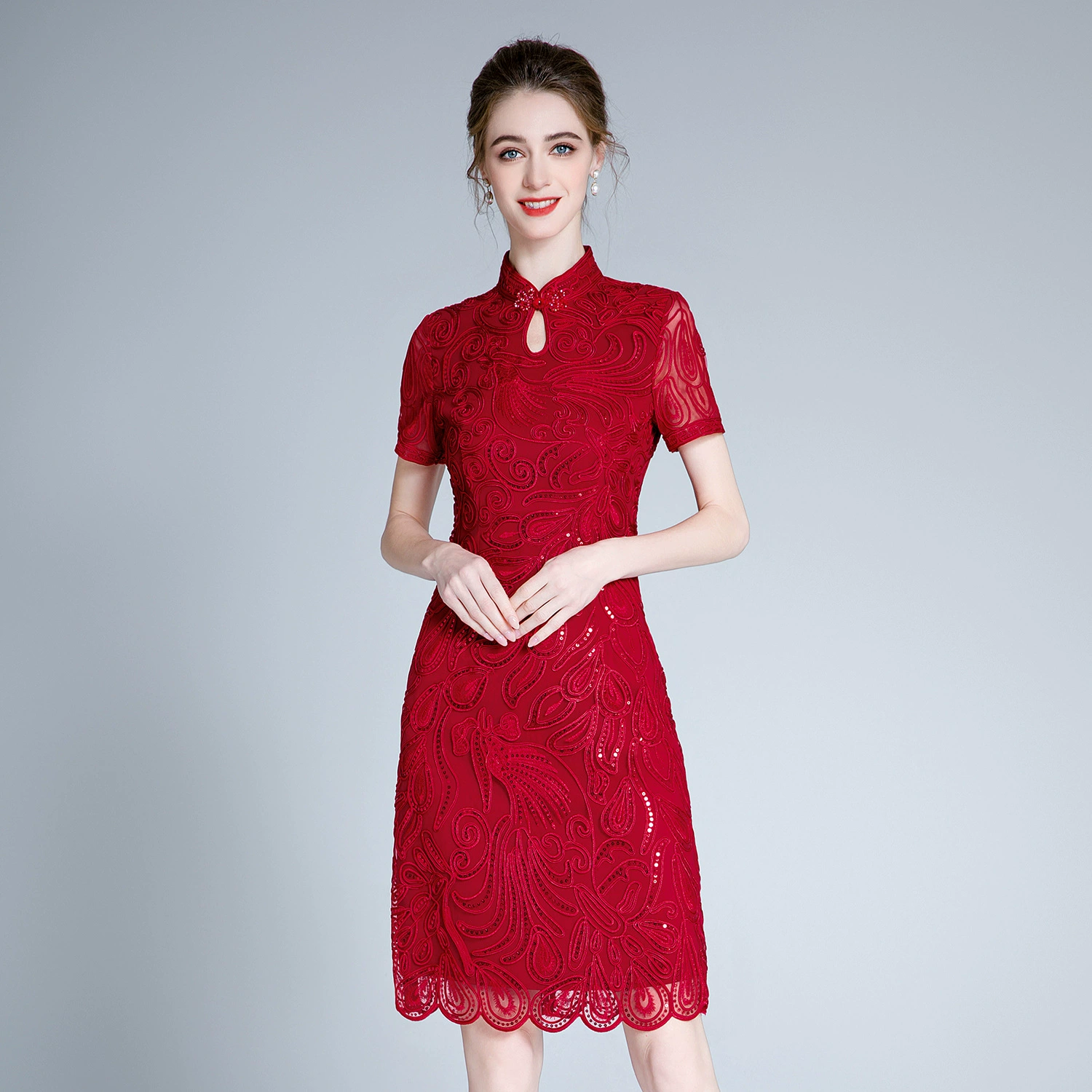 Шэньчжэнь высокого класса свадебный банкет платье плюс размер мамы летом с короткими рукавами узкой талией бедра-обернутые платья среднего возраста один кусок доставки