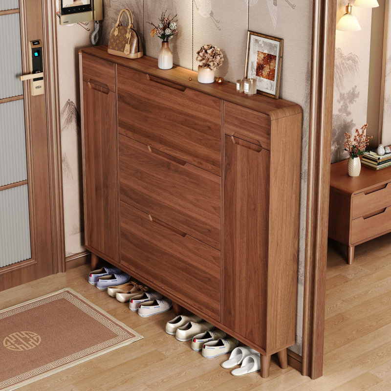 New Chinese Style Ultra-Thin Tipping Bucket Shoe Cabinet for Home Entrance Door Against the Wall Corridor Corridor Integrated Solid Wood Color Entry Shoe Rack