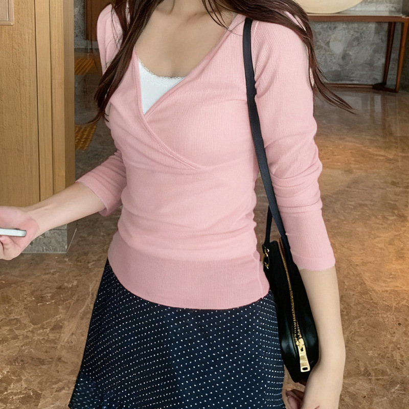 甜美少女温柔风气质优雅V领假两件上衣多巴胺修身显瘦打底衫长袖|undefined