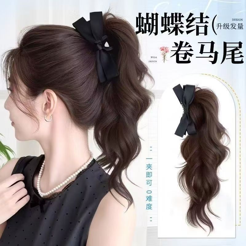 ウィッグポニーテールブラックリボンハイポニーテールヘアピンヘアアクセサリー多用途大型ヘップバーンスタイルハイポニーテールクリップ|undefined