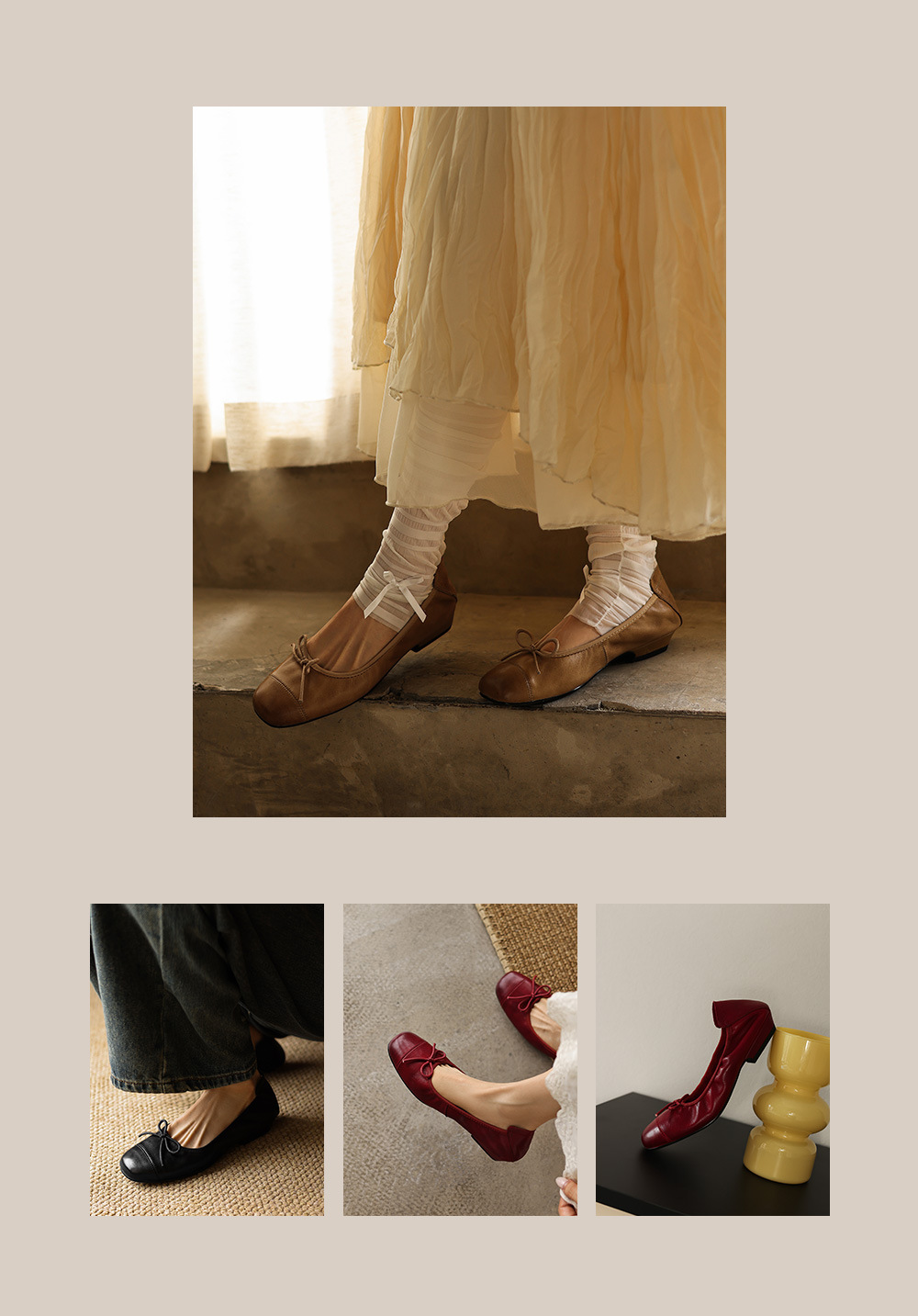 Giày ballet nữ mũi tròn da bò mềm, kiểu trứng cuộn, cổ nông — đen chi tiết 1