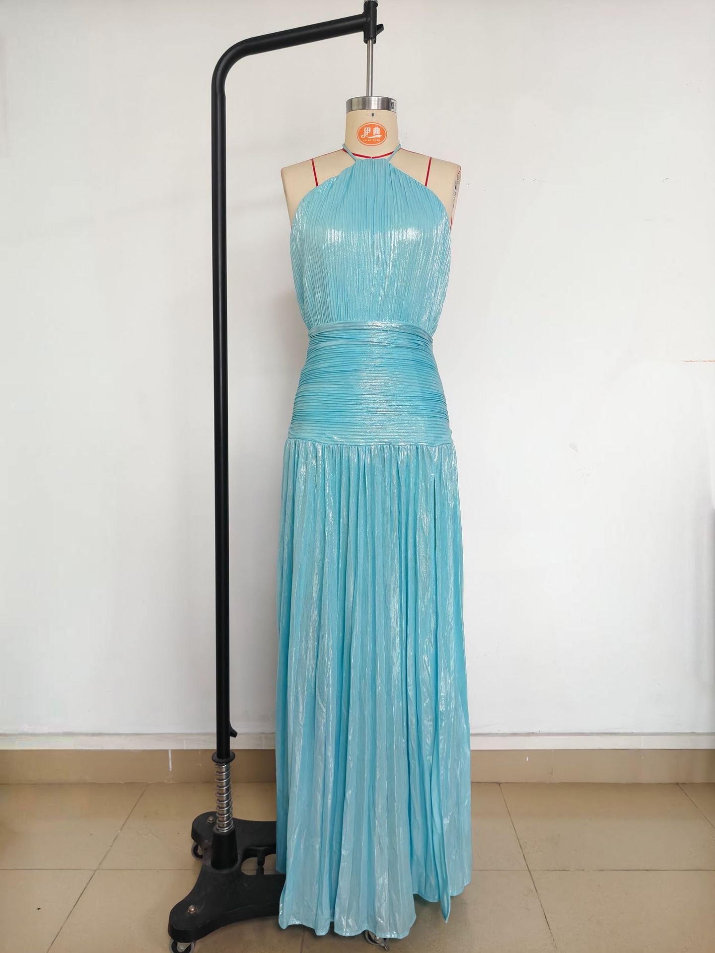 ​​"Women's Metallic Pleated Sleeveless Dress - Backless Tie Neck High Slit Party Dress, Golden/Pinkish/Ancient Gold/Dark Blue/Lake Blue, XS-XXL"​​_ecoleips.com