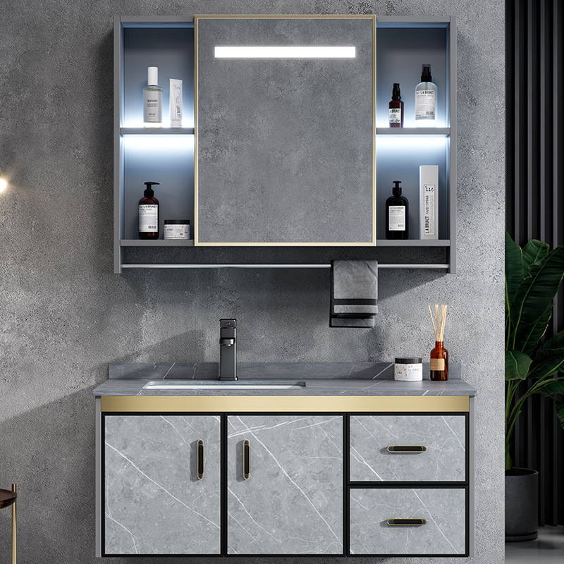 Combinación de gabinete de baño de aleación de aluminio espacio moderno lavabo de baño minimalista Placa de roca lavabo mesa de lavado integrada