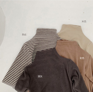 Soft waxy skin-friendly self-retention! 2023 autumn and winter Korean boys and girls sanding striped semi-high collar solid color T-shirt base shirt