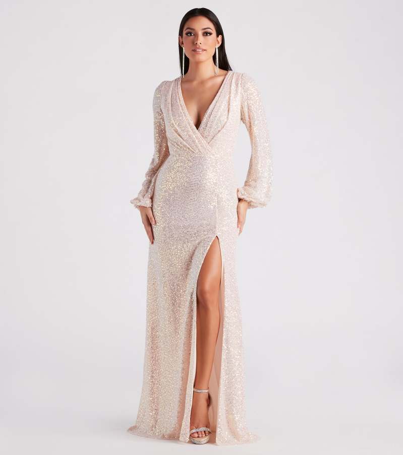Vestido de Noche para Mujer, Estilo Europeo y Americano, Nuevo para Primavera y Verano, con Lentejuelas, Abertura Lateral, Manga Larga, para Damas de Honor de Boda