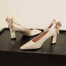 7188F-177尖头珍珠链亮片水晶鞋主婚纱婚鞋女不累脚粗跟单鞋高跟