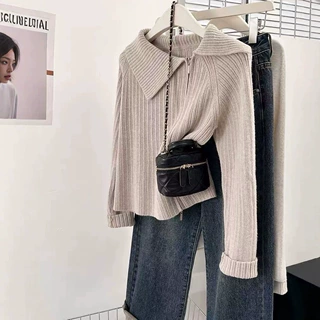 燕麦色不规则翻领双拉链针织开衫女秋冬季设计感小众毛衣外套上衣