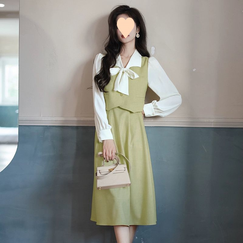 假两件连衣裙女长袖2025新款复古收腰中长款法式茶歇裙子春女6721|undefined