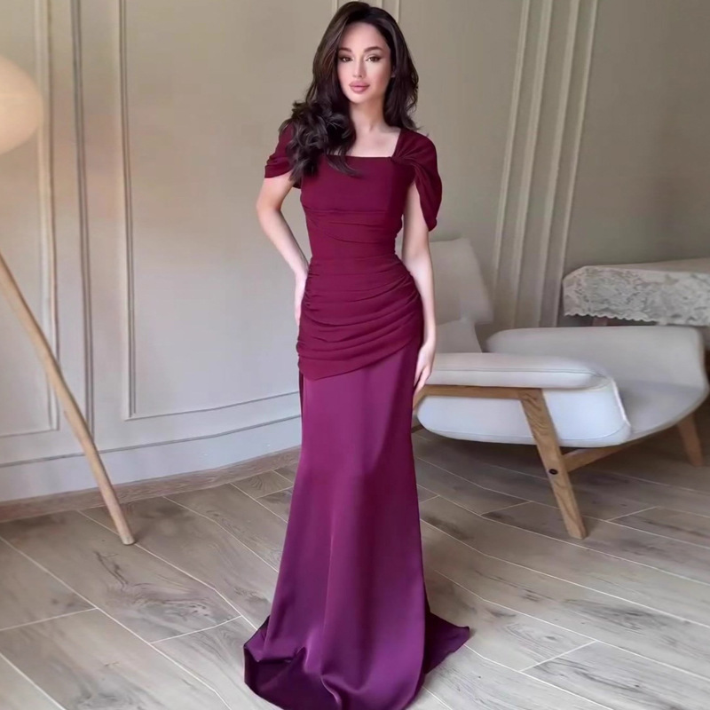 Amazon's Hottest Women's Clothing European and American New Style Gorgeous, Noble and Elegant Square Neck Short-Sleeved Fashionable Fishtail Dress