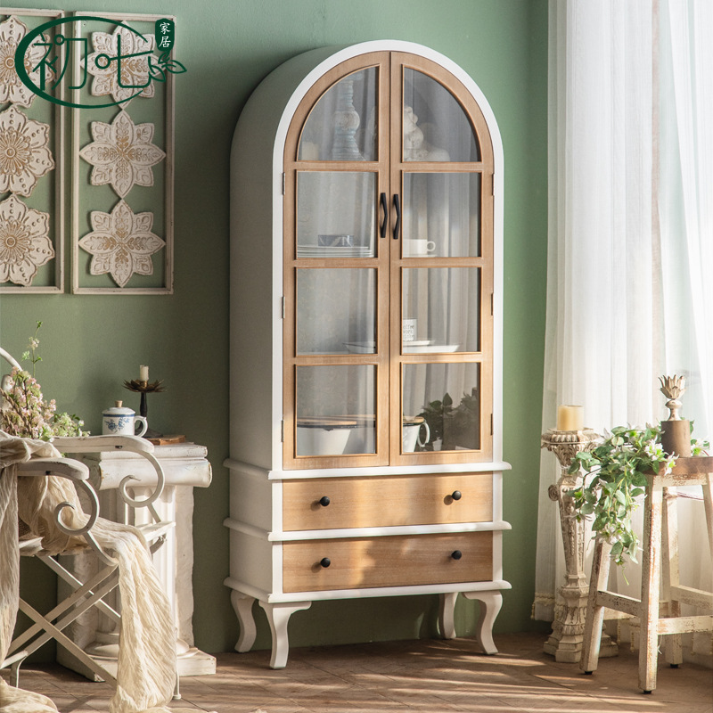 American Style Vintage Kitchen Storage Cabinet Pastoral Style Dining Side Cabinet Homestay Storage Cabinet Solid Wood Living Room Wine Display Cabinet