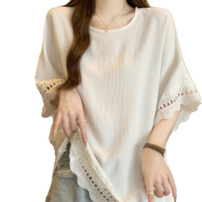 Lace Hollow Texture Short-sleeved T-shirt Women's plus size Women's Summer chubby girl Belly-covering Mid-length Western Style Top