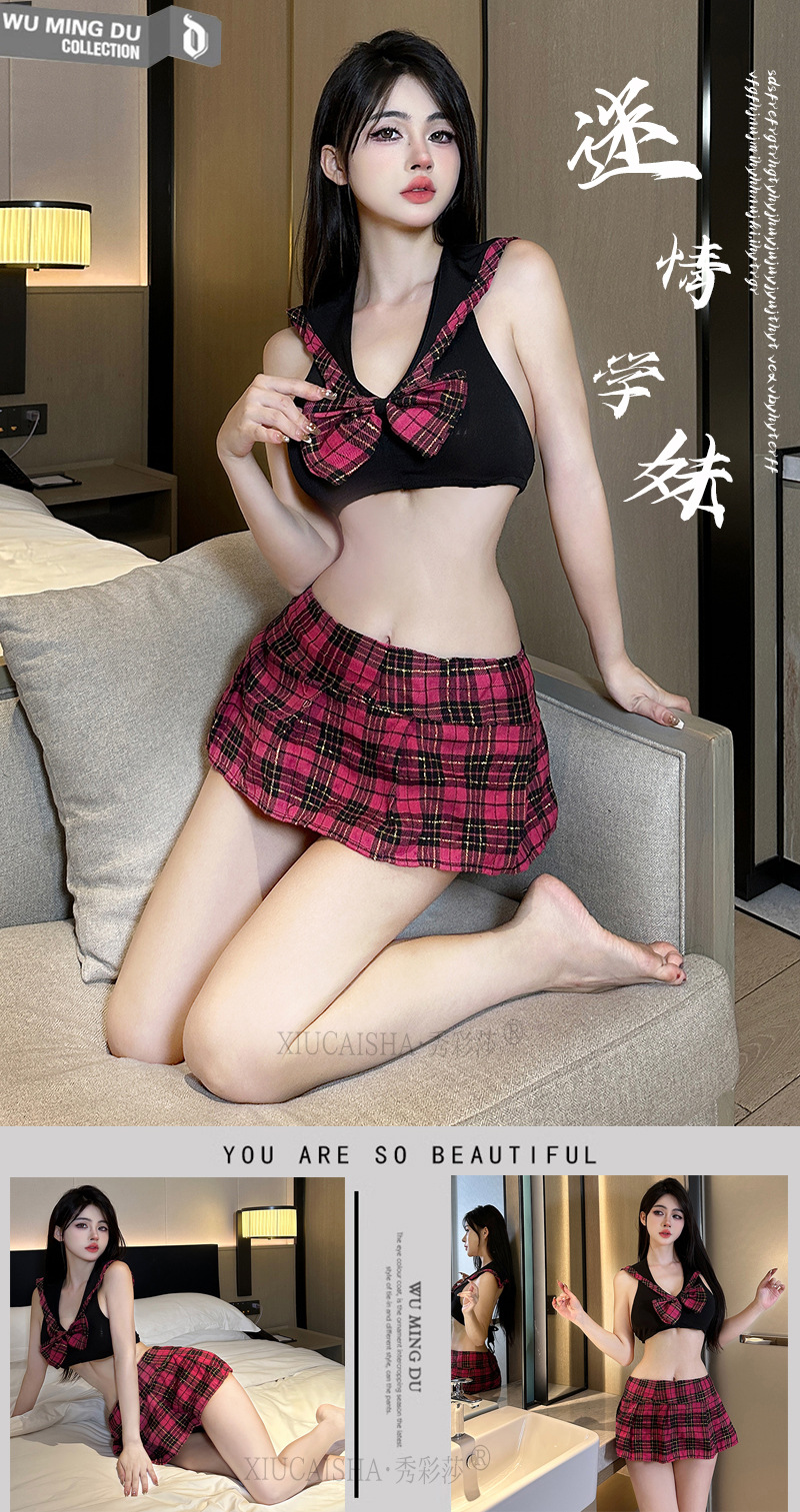 Academy-Style Roleplay Lingerie Set with Plaid Skirt, Top, Thong and White Stockings — detail image 8