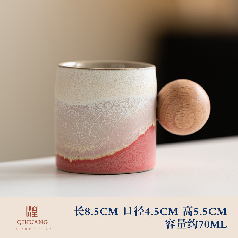 Mango de madera taza de café té taza de té gradiente esmalte exquisita cerámica pequeña taza de regalo caja de regalo traje al por mayor