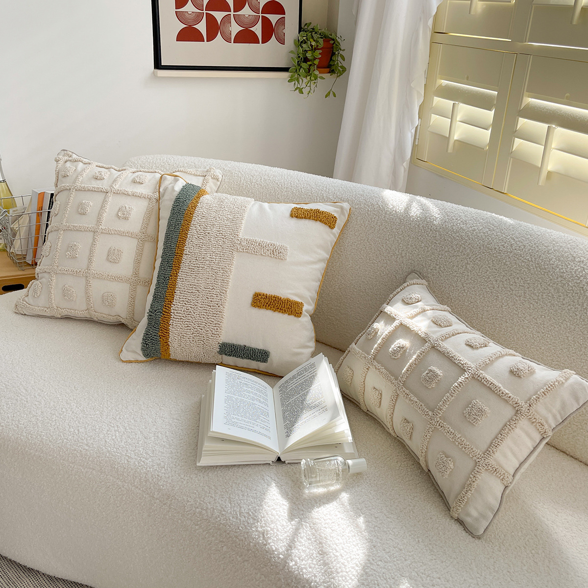 Kissenbezug aus Baumwoll-Canvas im nordischen Stil mit geometrischen Streifen und Stickereien, für Heimdekoration, Modellzimmer, Sofakissenbezug_voghion.com