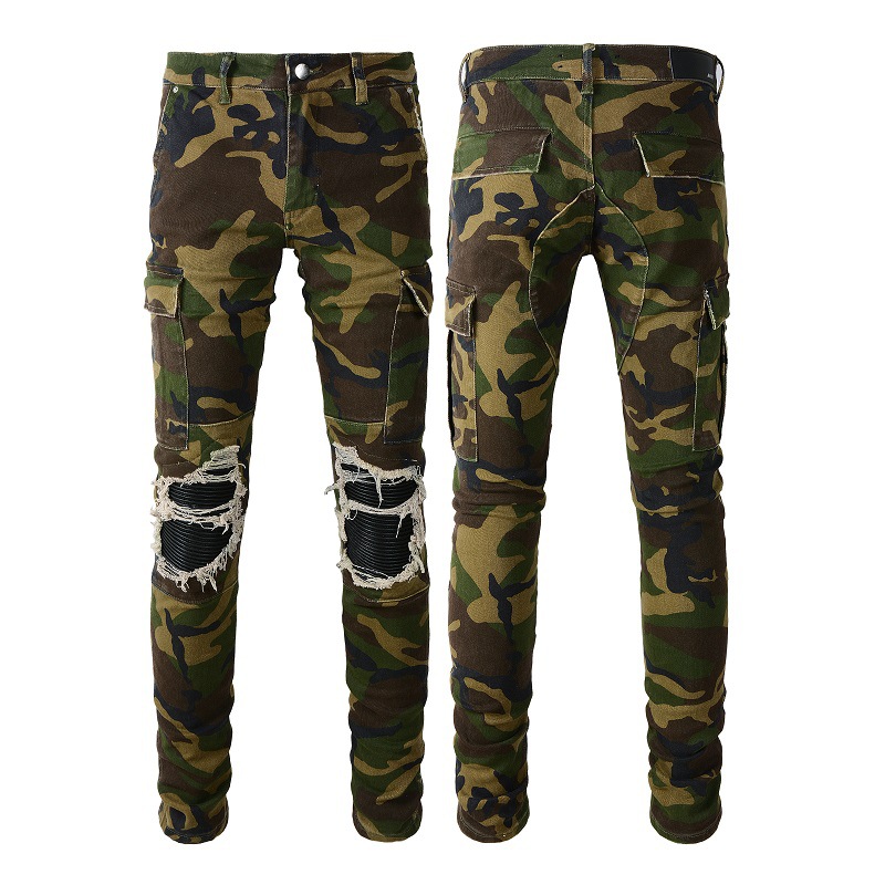 Men's Clothing high street ins same style washed and distressed foreign trade multi pocket style youth slim camouflage skinny pants jeans_voghion.com