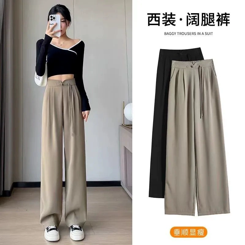 Черные костюмные брюки в китайском стиле для женщин, новые летние высококачественные драпированные женские брюки с высокой талией, утягивающие прямые брюки, узкие широкие брюки.