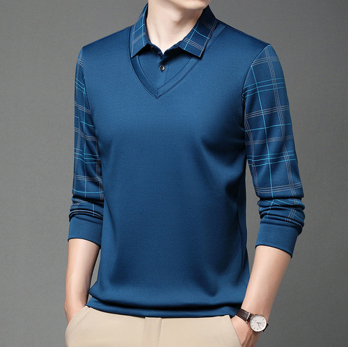 Men's Spring and Autumn Collared Long-Sleeve Checkered Polo Shirt for Middle-Aged and Elderly Leisure Splicing Two-Piece Business Casual Shirt