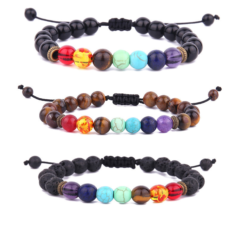 Europe and the United States cross-border hot color seven pulse energy bracelet handmade beaded tiger eye volcanic stone yoga natural stone bracelet