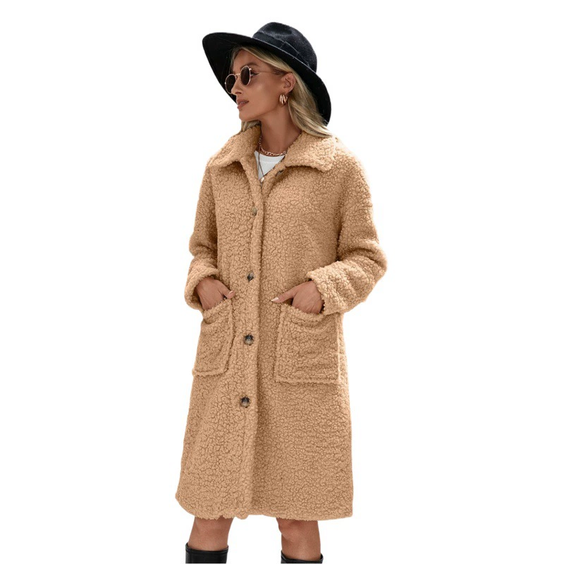2023 трансграничное популярное женское плюшевое пальто Amazon, длинное однотонное модное приталенное пальто из овечьей шерсти
