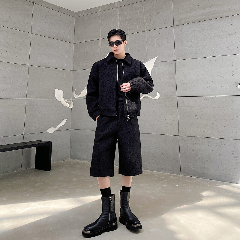 Dark Men's autumn and winter five-point wide-leg pants woolen thickened shorts loose stylist woolen handsome pants design
