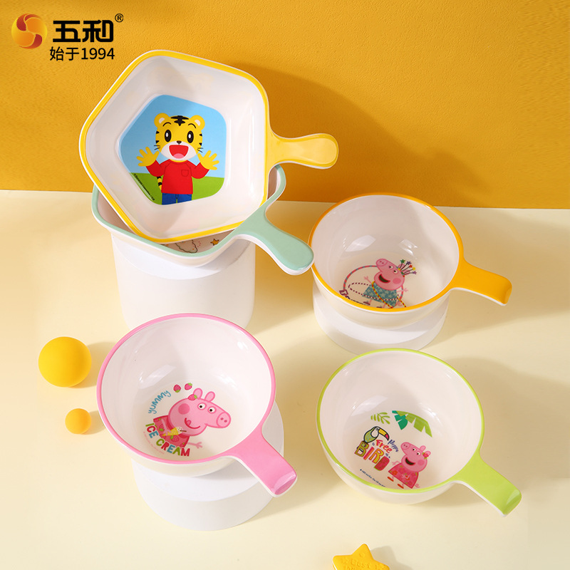 Wuhe Children's Bowl Single-Handle Long-Handled Bowl Food-Grade Melamine Tableware Anti-Scalding and Drop-Resistant Cartoon Baby Food Bowl Rice Bowl