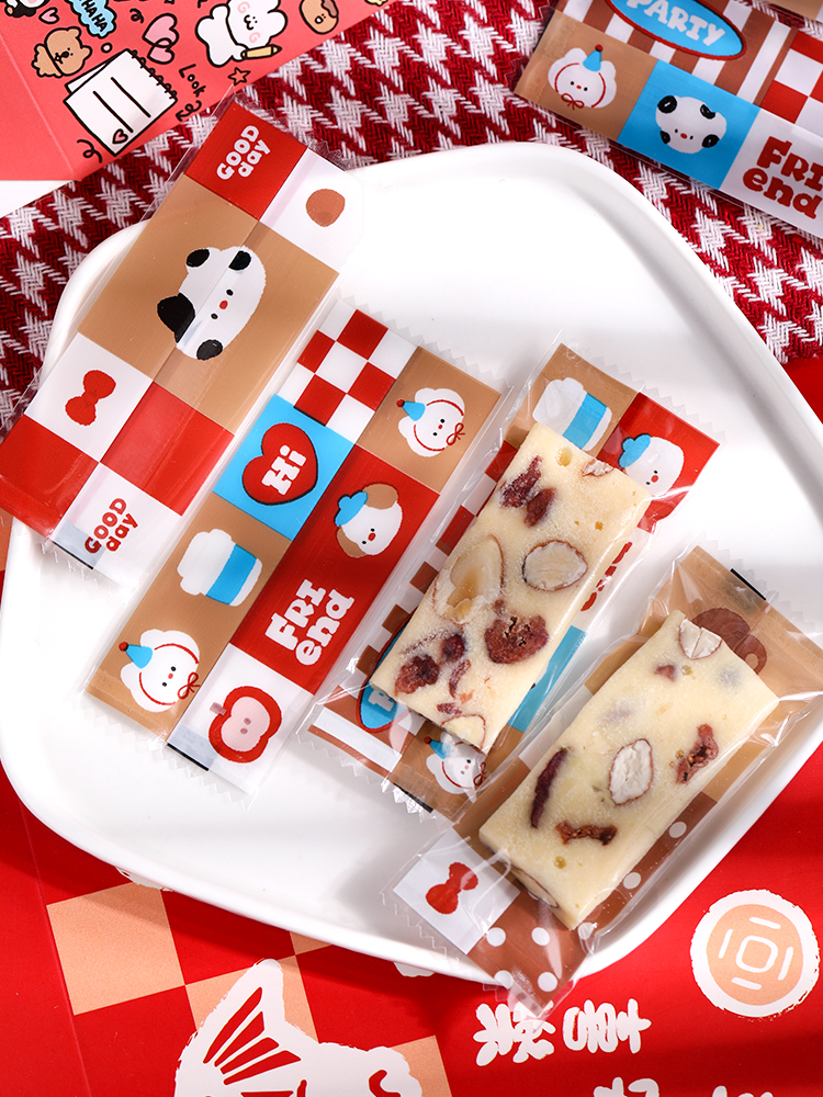 Bolsa de embalaje de nougat, embalaje de toffee, papel de azúcar, bolsas de pastel de leche de mango, sello de máquina transparente, bolsas pequeñas letras esmerizadas