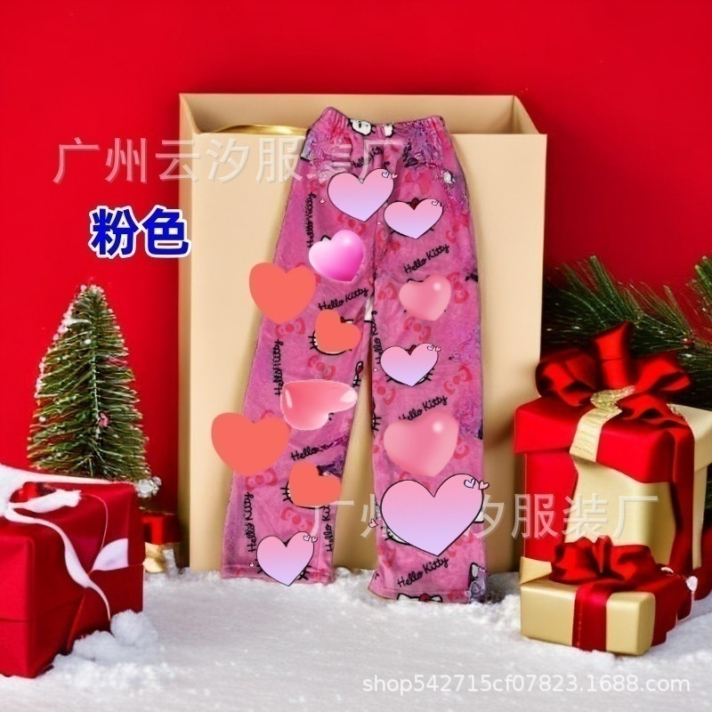 Comercio exterior Año Nuevo Navidad dibujos animados KT gato pijama pantalones gruesos de las mujeres Otoño e Invierno Polar forrado cálido casual casa pantalones de franela