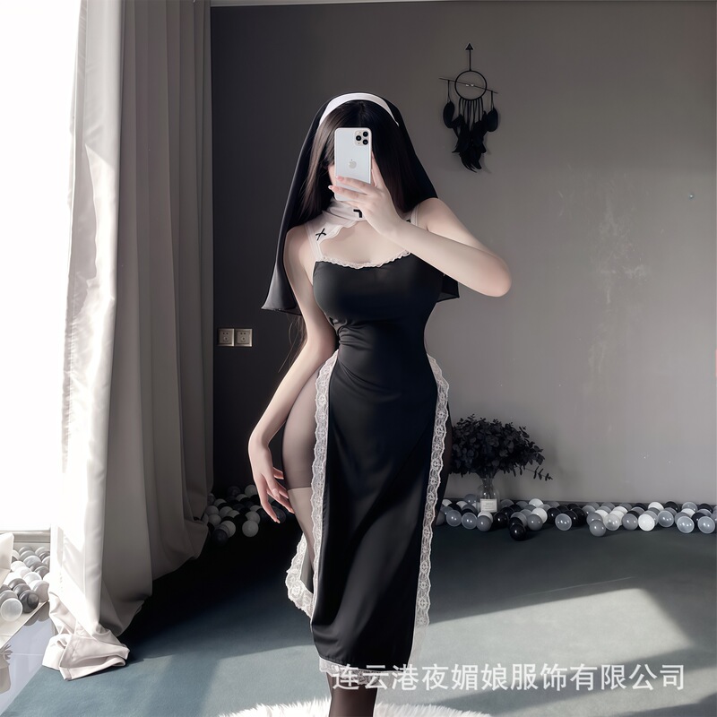 Sexy Lingerie Nun Costume Cosplay Pure Desire Sexy Tight-Fitting Transformation Halloween Uniform Pure Desire High-Slit Dress Sexy Lingerie Nun Costume Cosplay Pure Desire Sexy Tight-Fitting Transformation Halloween Uniform Pure Desire High-Slit Dress