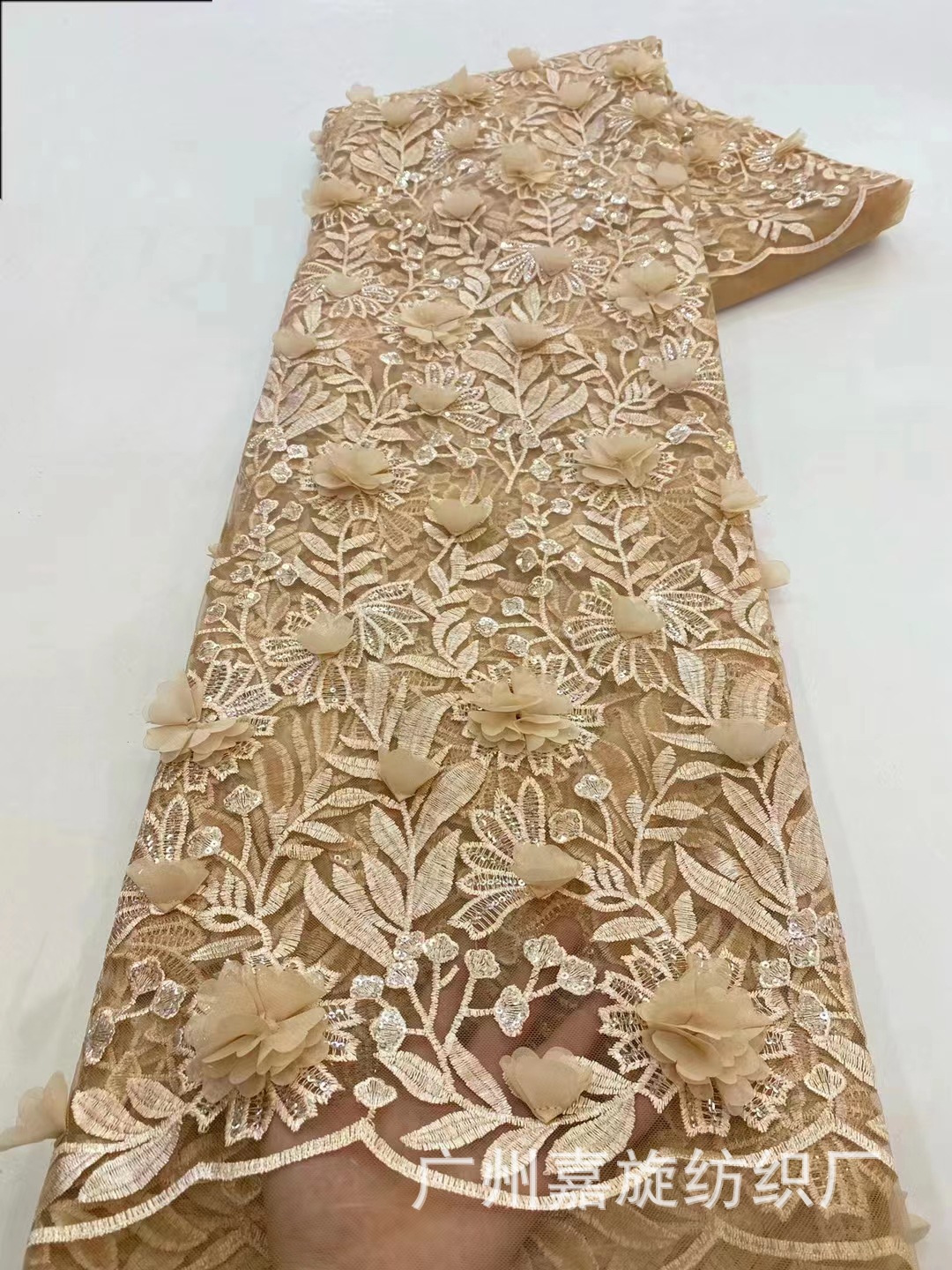 Transfronterizo estilo dulce flor tridimensional bordado tela de encaje moda vestido francés vestido de novia encaje JX3993