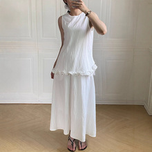 TONGLIN 2025夏季韩系荷叶边下摆无袖牛仔背心女+中长款背裙套装