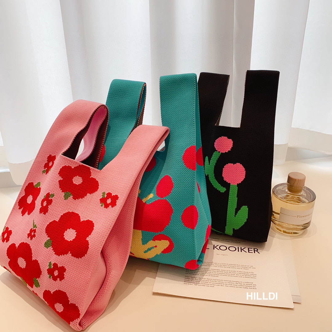 原創設計新款背心包針織包編織包花朵女手拎包包動物可愛愛心格紋