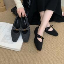 2026新款方头坡跟单鞋加绒女鞋秋冬配裙子高级感呢子中跟玛丽珍鞋