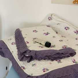法式全棉花边床盖三件套小碎花绗缝防滑床单砂洗榻榻米家用床品++