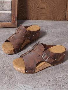S 22460 Retro Rivet Platform Sandals �T��¸���Ь