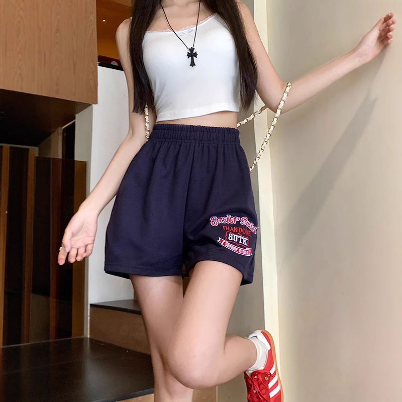 Navy Blue Women's Sports Shorts for Summer Running, Elastic Straight-Leg Loose Shorts for Petite Women with 3D Embroidery