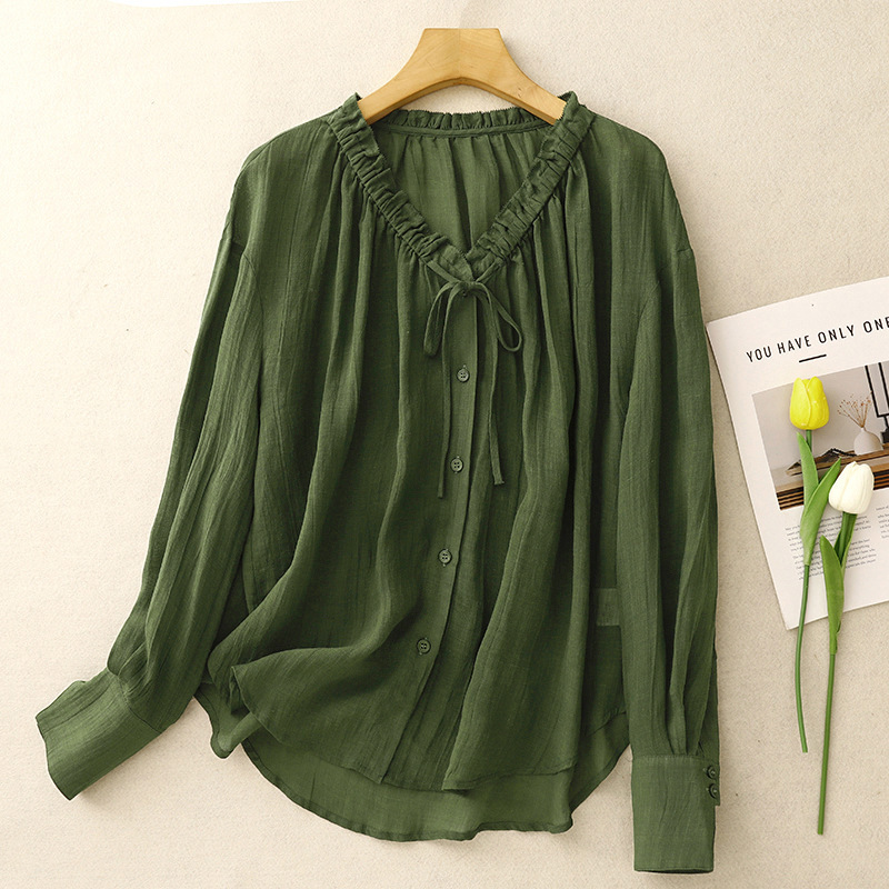 2026 New Summer V-Neck Sun Protection Shirt for Women, Artistic, Simple and Comfortable Summer Solid Color Lightweight Long-Sleeved Shirt for Women