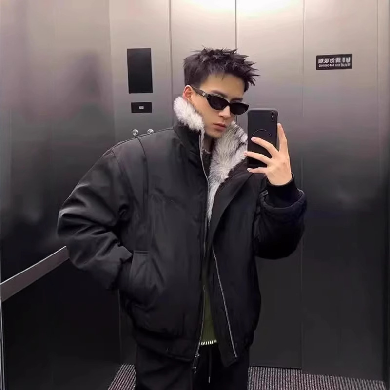 座山雕黑色立领工装棉衣男秋冬羊羔毛领加厚外套美式短款夹克棉服