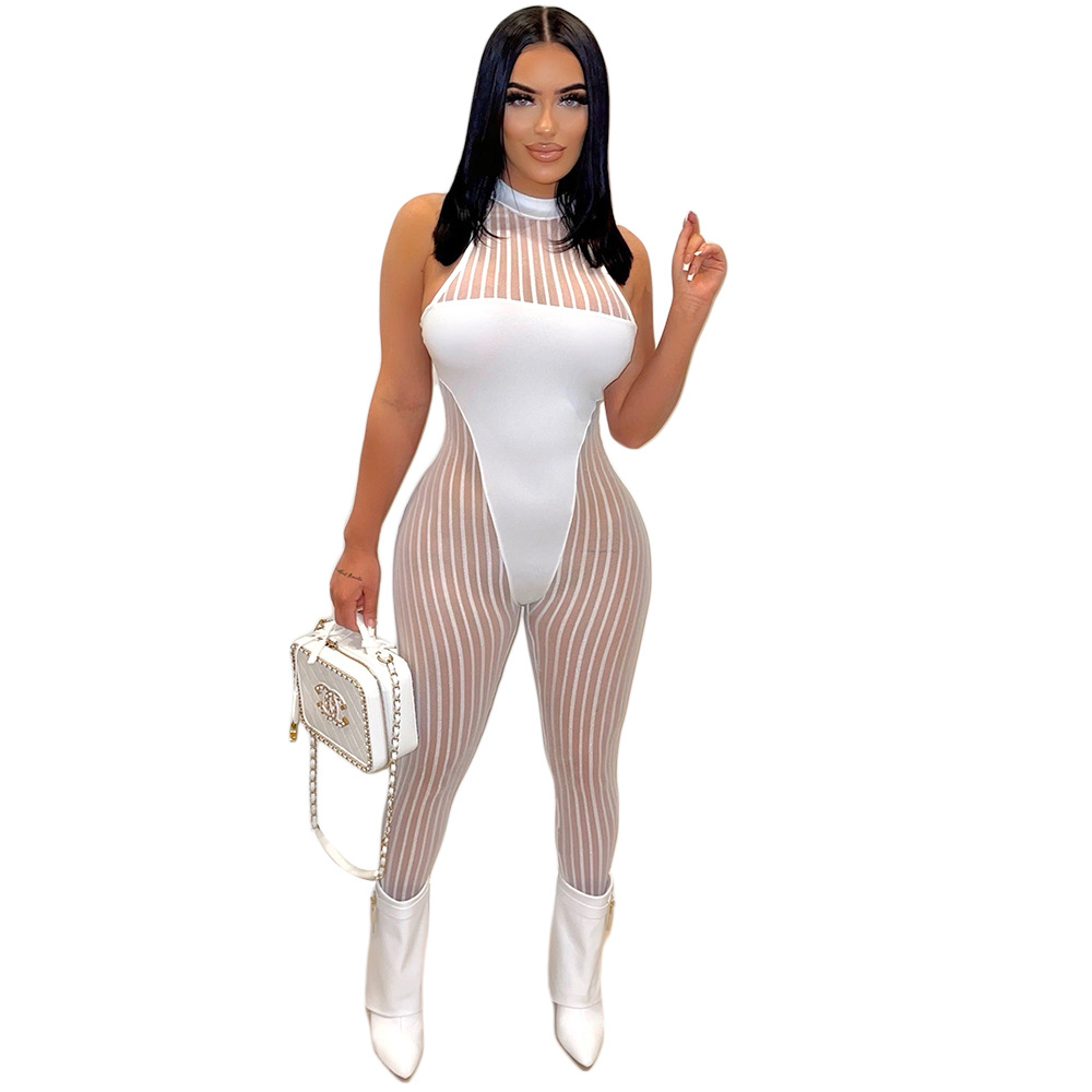 Sexy Bold Stripes Mesh See-through Sleeveless round Neck Jumpsuit for Women